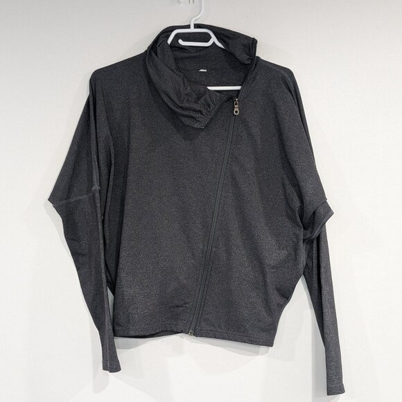 Karma Tops - Karma Debi Asymmetrical Cowl Neck Zipper Up Jacket Charcoal Grey Size Small